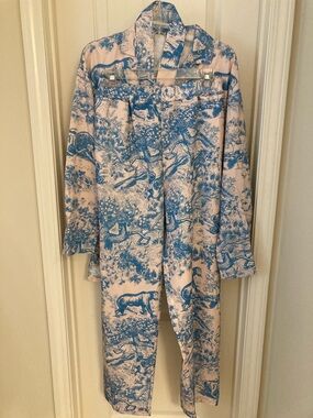 Ladies' Two-Piece Blue and Cream Printed Pajama Set